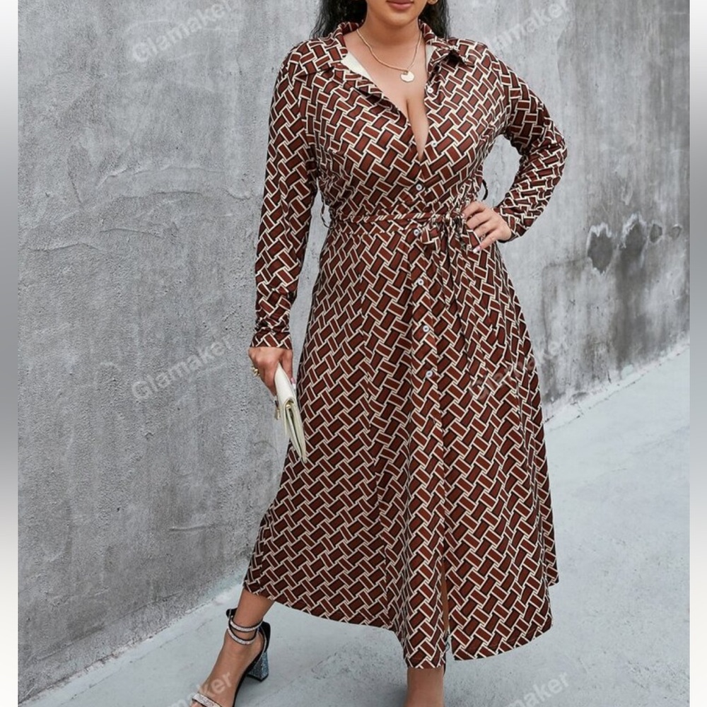 Brown Patterned Long Sleeve Dress